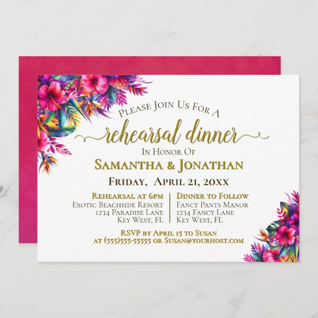 Colourful Tropical Flowers Wedding Rehearsal Dinne Invitation (Front/Back)