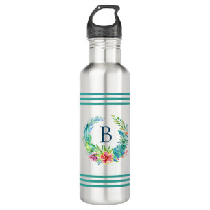 Colourful Tropical Flowers Wreath Custom Monogram 710 Ml Water Bottle