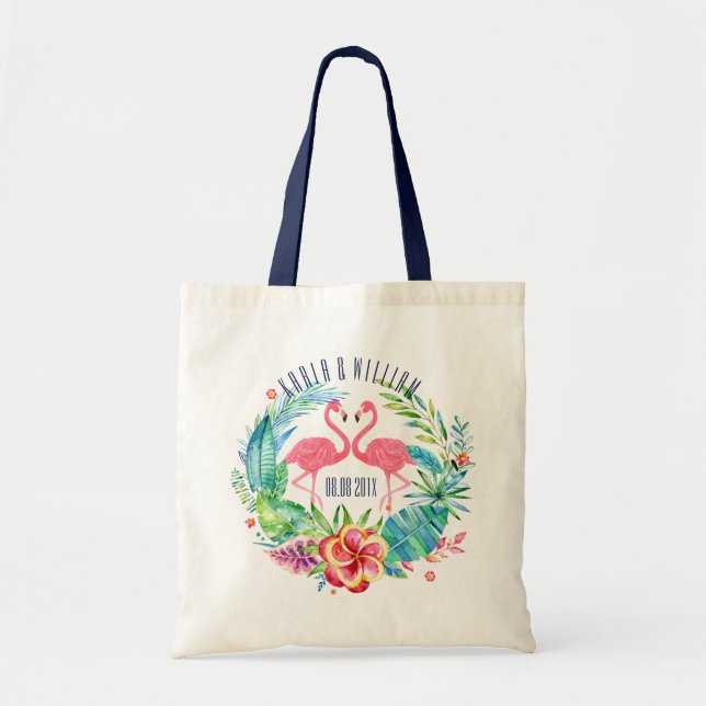 Colourful Tropical Flowers Wreath & Flamingos Tote Bag (Front)