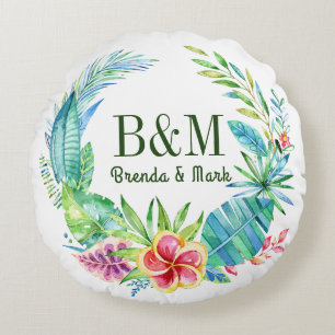 Colourful Tropical Flowers Wreath Round Cushion