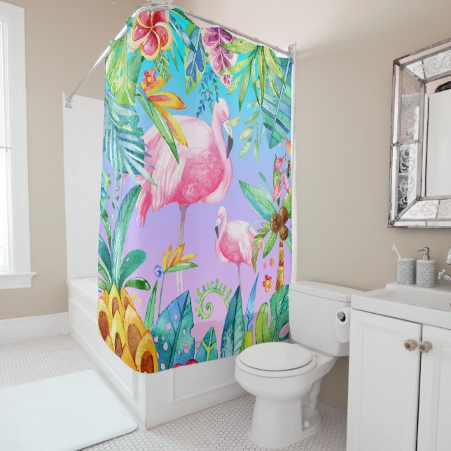 Colourful Tropical Forest With Pink Flamingos Shower Curtain (In Situ)