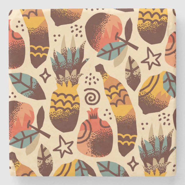 Colourful Tropical Fruit Mix Pattern Stone Coaster (Front)