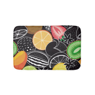 Colourful tropical fruits, black background. bath mat