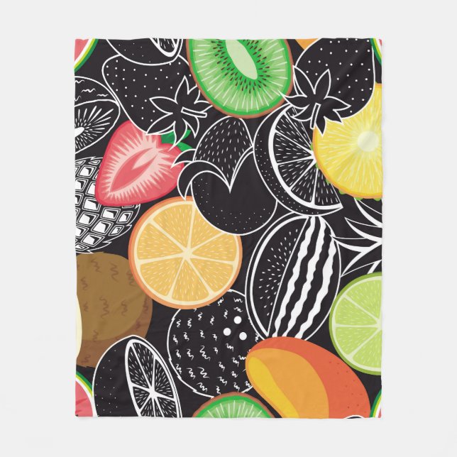 Colourful tropical fruits, black background. fleece blanket (Front)