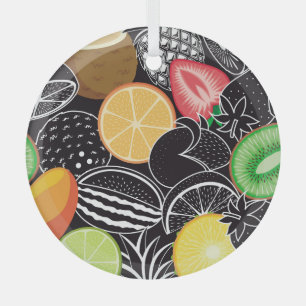 Colourful tropical fruits, black background. glass tree decoration