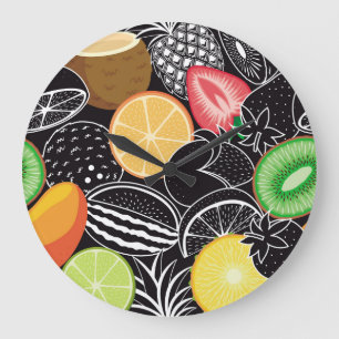 Colourful tropical fruits, black background. large clock