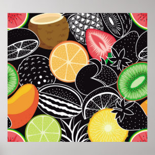 Colourful tropical fruits, black background. poster