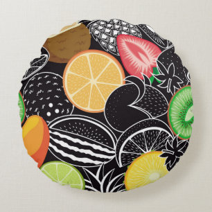 Colourful tropical fruits, black background. round cushion