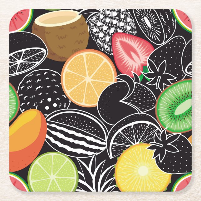 Colourful tropical fruits, black background. square paper coaster (Front)