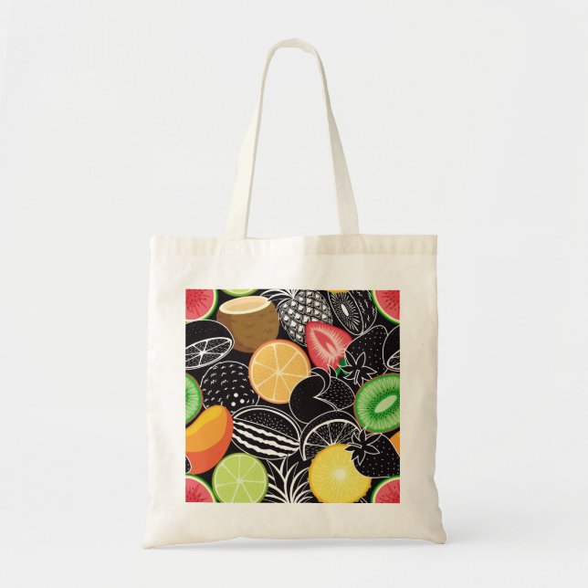 Colourful tropical fruits, black background. tote bag (Front)
