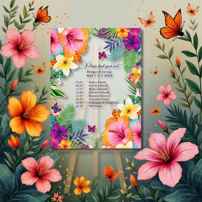 Colourful tropical hawaiian Floral wedding seating Acrylic Sign (Creator Uploaded)