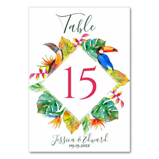 Colourful Tropical Hawaiian Floral Wedding Table Number (Front)