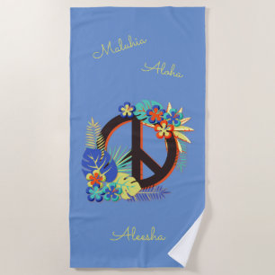 Colourful Tropical Hawaiian Peace Love Name Blue Beach Towel