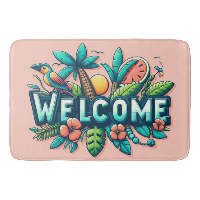 Colourful Tropical/Hawaiian welcome Bath Mat (Front)