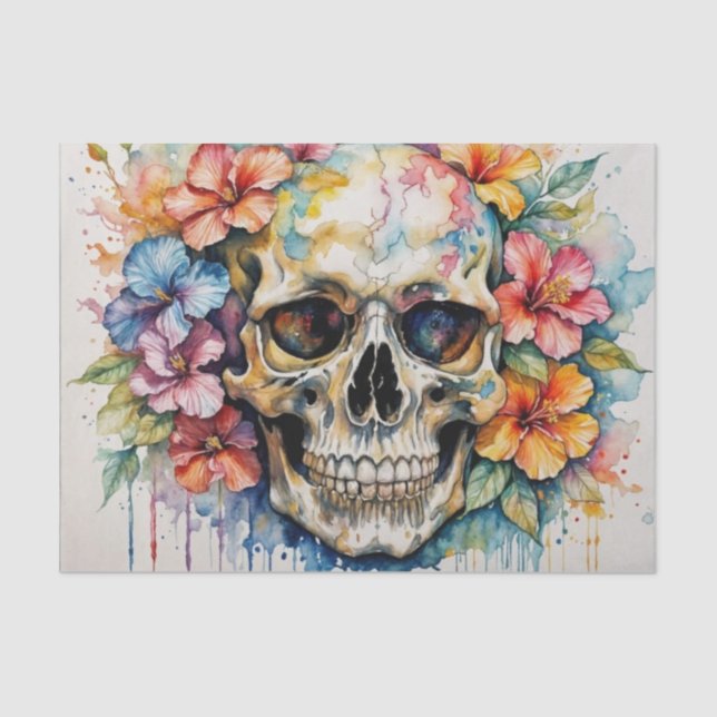Colourful Tropical Hibiscus Skull Decoupage  Tissue Paper (Front)