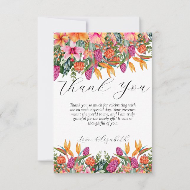 Colourful Tropical Island Flowers Orange and Pink Thank You Card (Front)