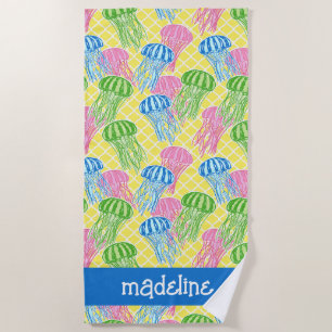 Colourful Tropical Jellyfish Pattern Personalised Beach Towel