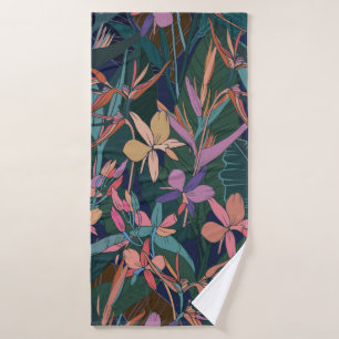 Colourful tropical jungle leaves and flowers hand bath towel