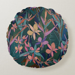 Colourful tropical jungle leaves and flowers hand  round cushion