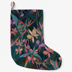 Colourful tropical jungle leaves and flowers hand small christmas stocking