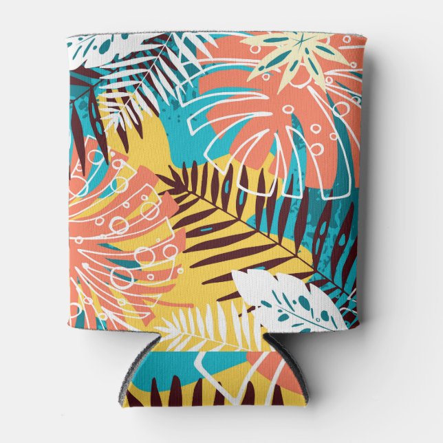 Colourful tropical jungle leaves pattern. can cooler (Front)
