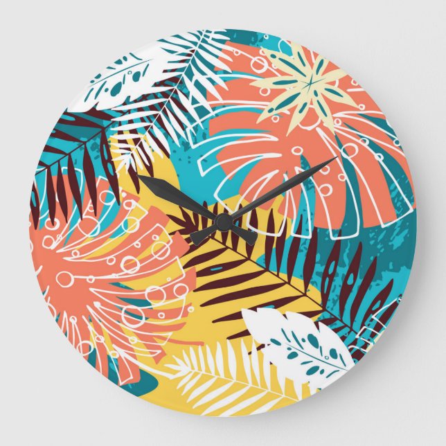 Colourful tropical jungle leaves pattern. large clock (Front)