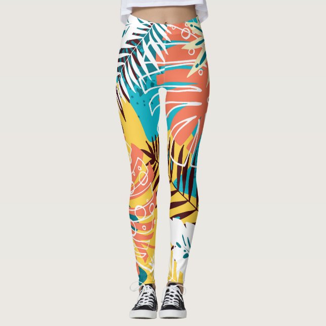 Colourful tropical jungle leaves pattern. leggings (Front)