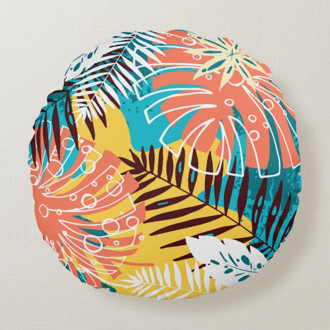 Colourful tropical jungle leaves pattern. round cushion (Front)