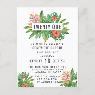 Colourful Tropical Leaves 21st Birthday Party Invitation Postcard