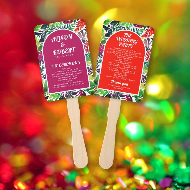 Colourful tropical leaves and arch wedding program hand fan (Creator Uploaded)