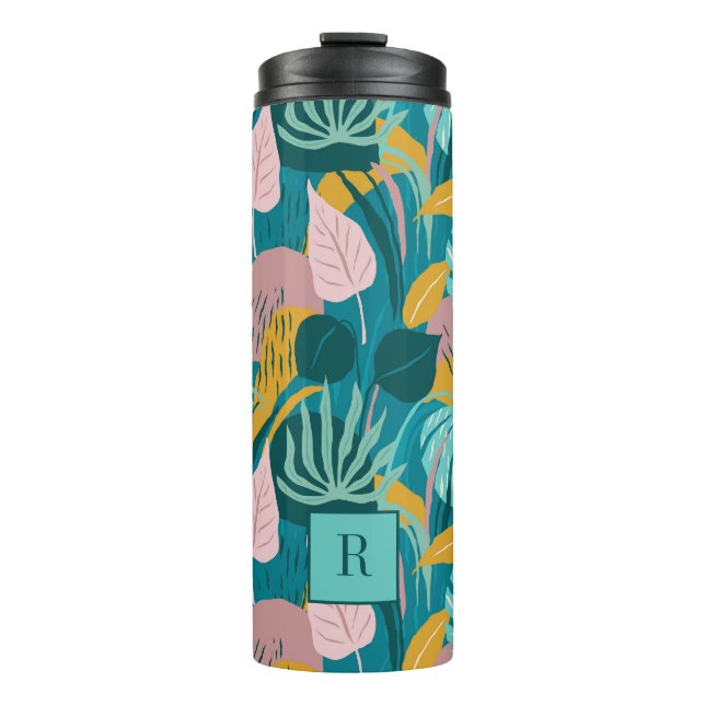 Colourful tropical leaves and flowers pattern thermal tumbler (Front)