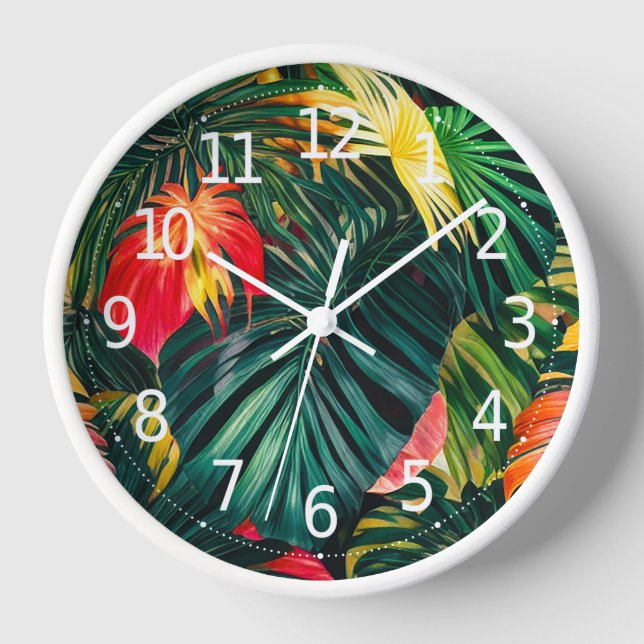Colourful Tropical Leaves and Hibiscus Flowers | Clock (Front)