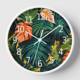Colourful Tropical Leaves and Hibiscus Flowers   Clock