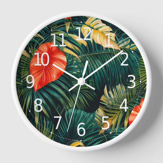 Colourful Tropical Leaves and Hibiscus Flowers | Clock (Front)