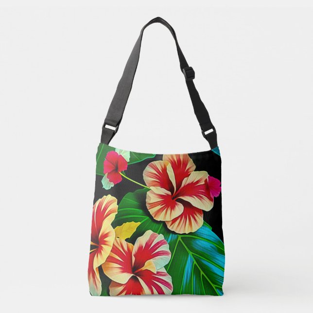 Colourful Tropical Leaves and Hibiscus Flowers | Crossbody Bag (Front)
