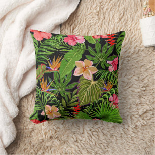 Colourful Tropical Leaves and Hibiscus Flowers   Cushion