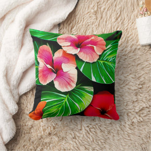 Colourful Tropical Leaves and Hibiscus Flowers Cushion