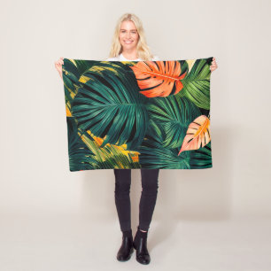 Colourful Tropical Leaves and Hibiscus Flowers   Fleece Blanket