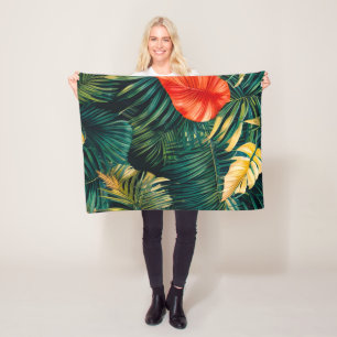 Colourful Tropical Leaves and Hibiscus Flowers Fleece Blanket