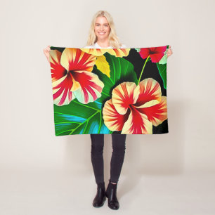 Colourful Tropical Leaves and Hibiscus Flowers Fleece Blanket