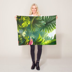 Colourful Tropical Leaves and Hibiscus Flowers   Fleece Blanket