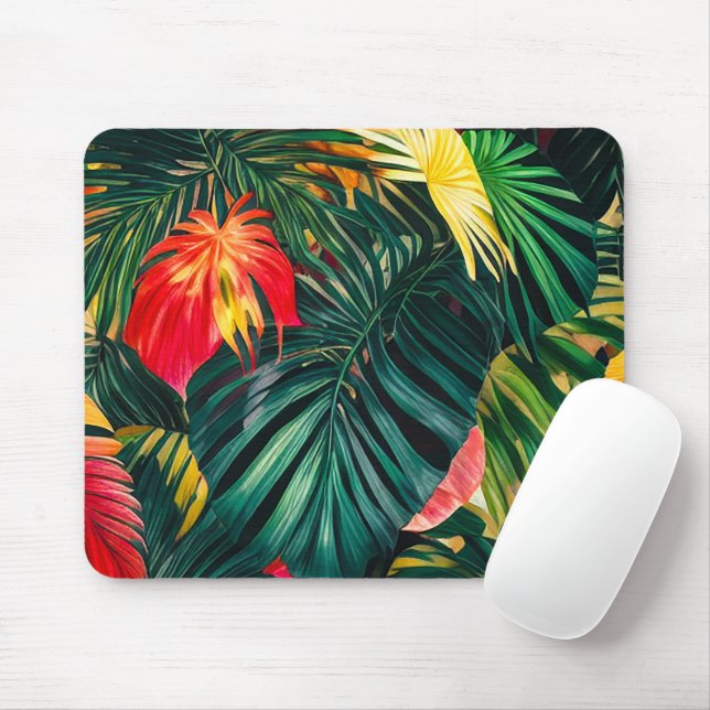 Colourful Tropical Leaves and Hibiscus Flowers | Mouse Pad (With Mouse)