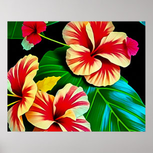 Colourful Tropical Leaves and Hibiscus Flowers   Poster