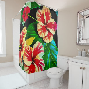 Colourful Tropical Leaves and Hibiscus Flowers Shower Curtain