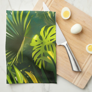 Colourful Tropical Leaves and Hibiscus Flowers Tea Towel
