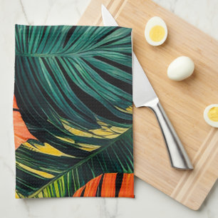 Colourful Tropical Leaves and Hibiscus Flowers Tea Towel