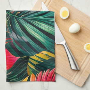 Colourful Tropical Leaves and Hibiscus Flowers Tea Towel