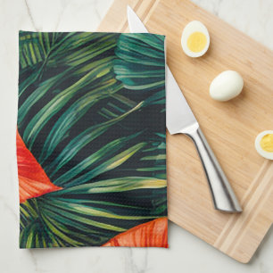 Colourful Tropical Leaves and Hibiscus Flowers Tea Towel