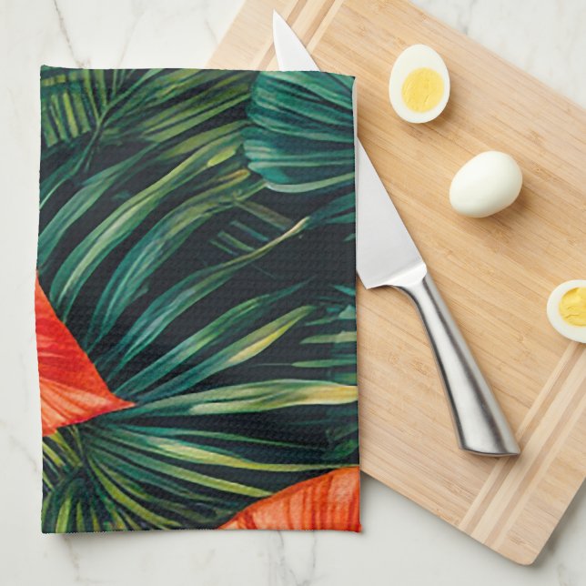 Colourful Tropical Leaves and Hibiscus Flowers | Tea Towel (Quarter Fold)