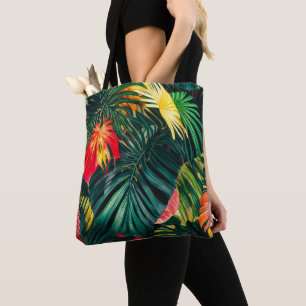 Colourful Tropical Leaves and Hibiscus Flowers   Tote Bag